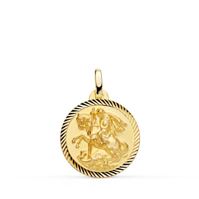Medalla de San Jorge y el dragón de 18 mm en oro amarillo de 18 quilates con cerco tallado en forma de hélice brillante.