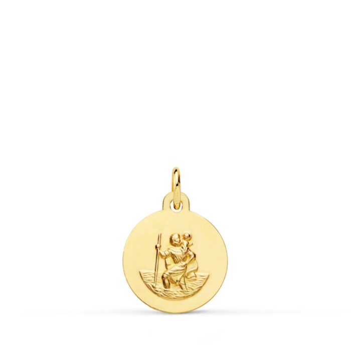 Medalla pequeña de San Cristóbal de 12 mm en oro amarillo de 18 quilates con relieve central matizado y cerco liso brillante.
