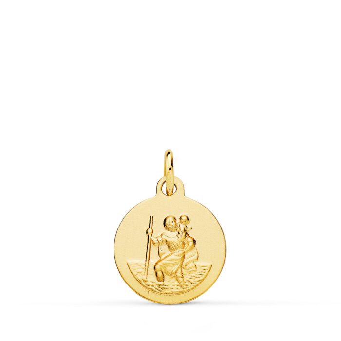Pequeña medalla de San Cristóbal de 14 mm en oro amarillo de 18 quilates con fondo mate y borde liso pulido.