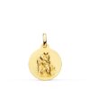 Medalla pequeña de San Cristóbal de 16 mm en oro amarillo de 18 quilates con fondo matizado y bisel exterior liso brillante.
