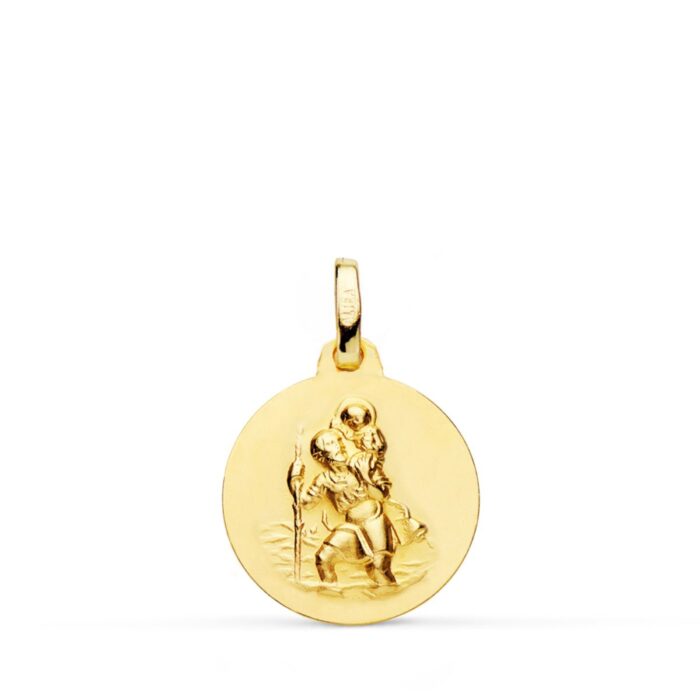 Medalla pequeña de San Cristóbal de 16 mm en oro amarillo de 18 quilates con fondo matizado y bisel exterior liso brillante.
