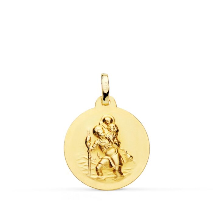 Medalla de San Cristóbal de 18 mm en oro amarillo de 18 quilates con fondo de relieve matizado y bisel exterior liso pulido.