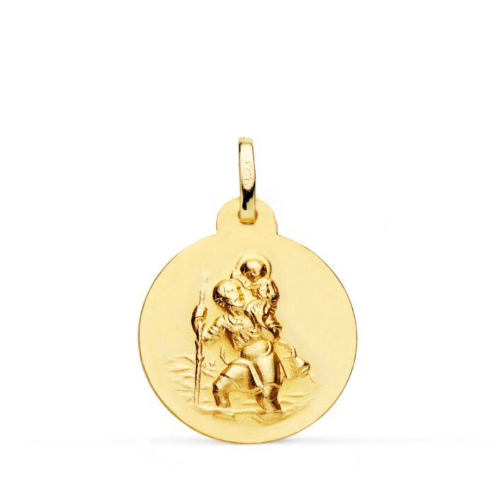 Medalla circular de San Cristóbal de 20 mm en oro amarillo de 18 quilates con fondo mate y bisel exterior liso brillante.