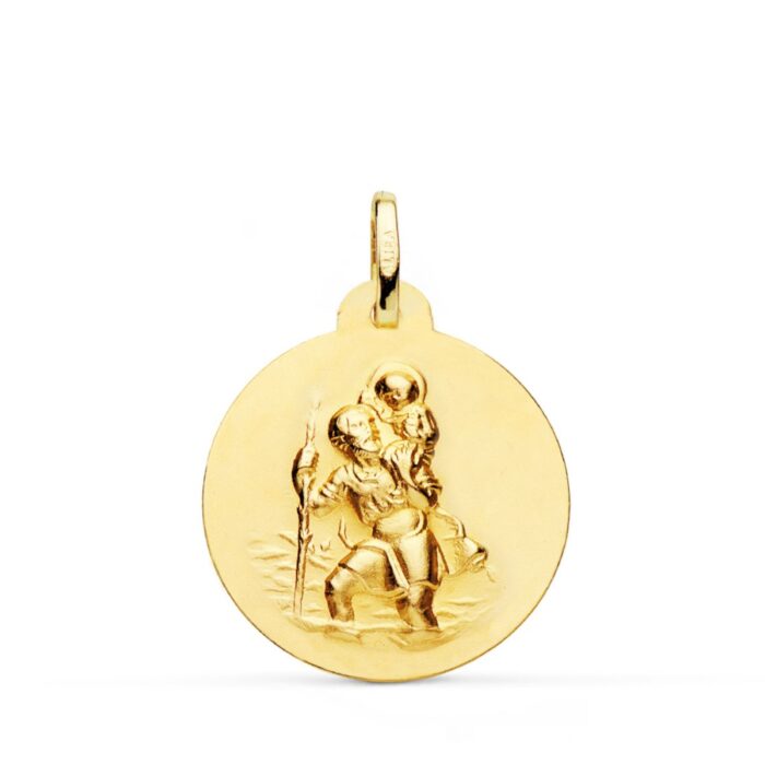 Medalla de San Cristóbal de 22 mm en oro amarillo de 18 quilates con centro de acabado mate y borde exterior liso pulido.
