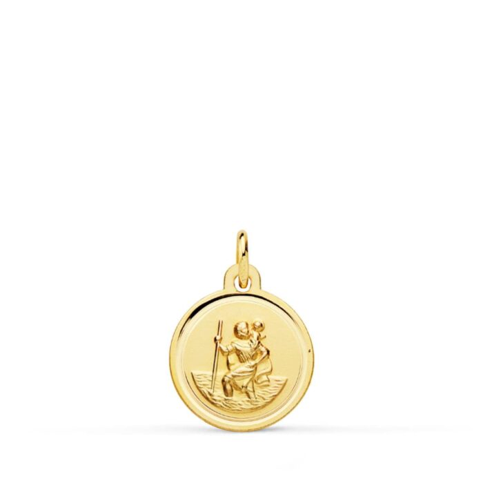 Medalla pequeña de San Cristóbal de 12 mm en oro amarillo de 18 quilates con bisel circular pulido y relieve central.