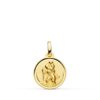 Medalla pequeña de San Cristóbal de 14 mm en oro amarillo de 18 quilates con centro matizado y bisel liso pulido.