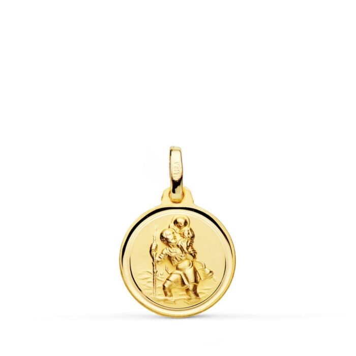 Medalla pequeña de San Cristóbal de 14 mm en oro amarillo de 18 quilates con centro matizado y bisel liso pulido.