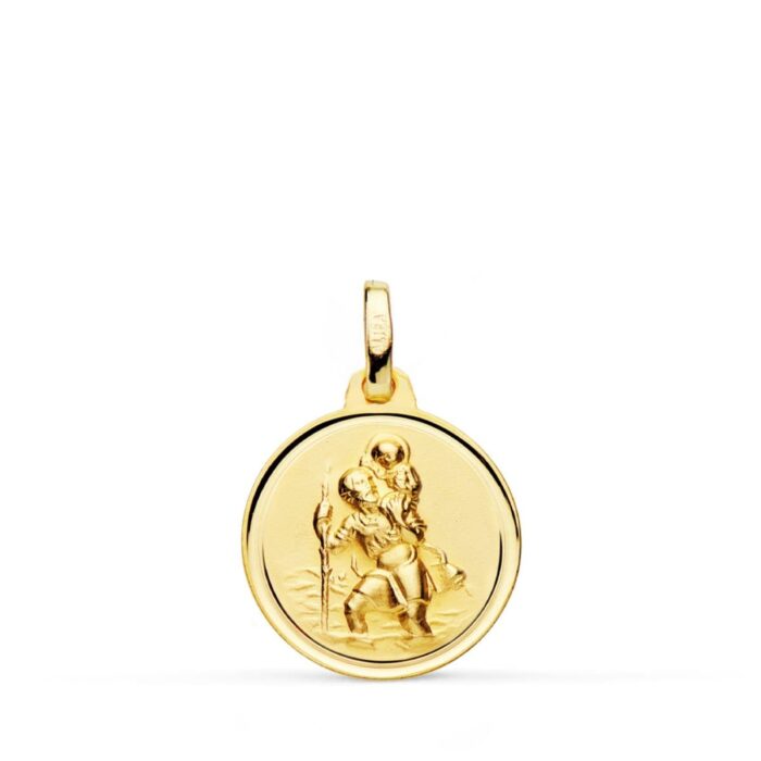 Pequeña medalla de San Cristóbal de 16 mm en oro amarillo de 18 quilates con bisel exterior liso y brillante.
