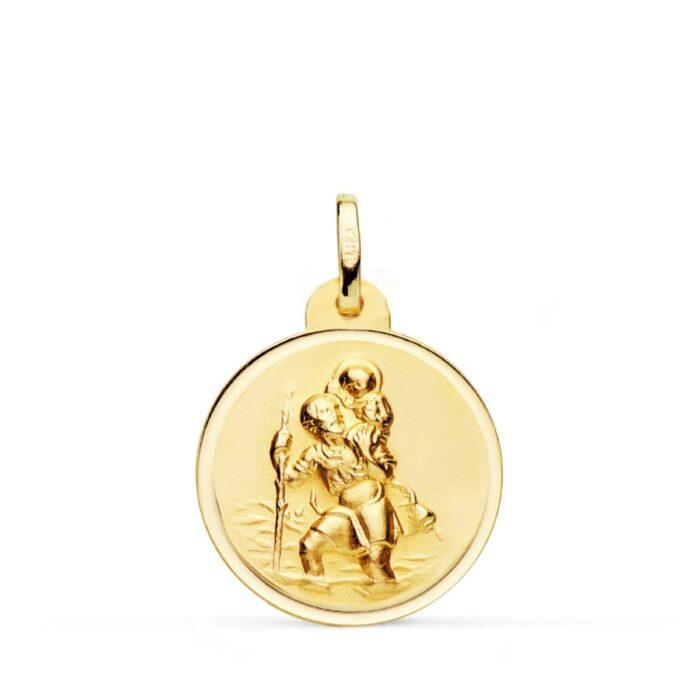Medalla de San Cristóbal de 20 mm en oro amarillo de 18 quilates con bisel exterior liso y acabado pulido.