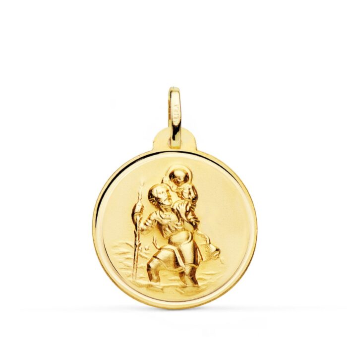 Medalla de San Cristóbal de 22 mm en oro amarillo de 18 quilates con bisel circular liso y acabado pulido brillante.