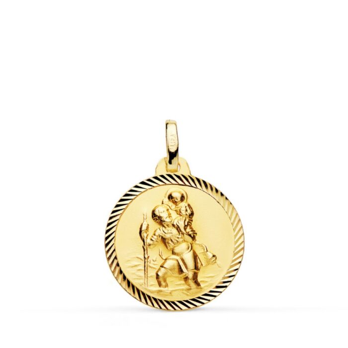 Medalla de San Cristóbal de 18 mm en oro amarillo de 18 quilates con borde tallado en forma de hélice y acabado brillante.