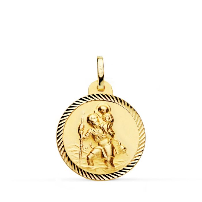 Medalla de San Cristóbal de 20 mm en oro amarillo de 18 quilates con cerco tallado en forma de hélice y relieve central.