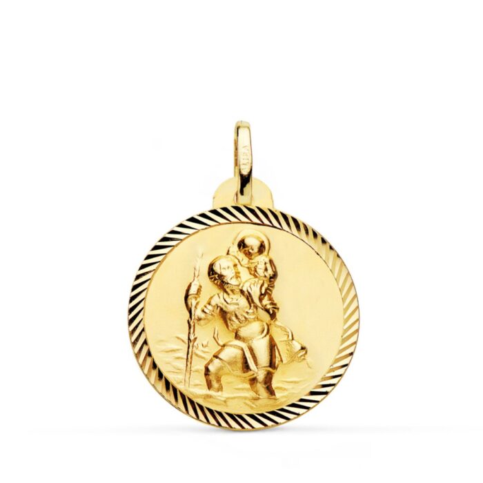 Medalla de San Cristóbal en oro amarillo de 18 quilates de 22 mm con cerco exterior tallado en forma de hélice brillante.