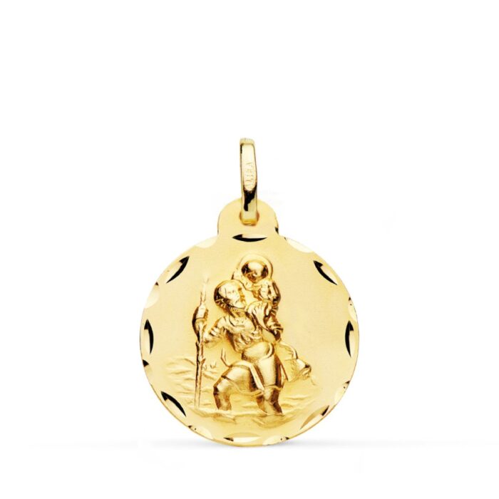 Medalla de San Cristóbal de 20 mm en oro amarillo de 18 quilates con borde tallado reflectante y relieve central.