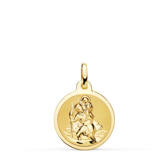 Medalla redonda de San Cristóbal en oro amarillo de 18 quilates con acabado combinado mate y brillo de 16 milímetros.