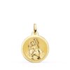 Medalla de San Cristóbal en oro amarillo de 18 quilates, 20 mm, con fondo mate satinado y figura central en brillo pulido.