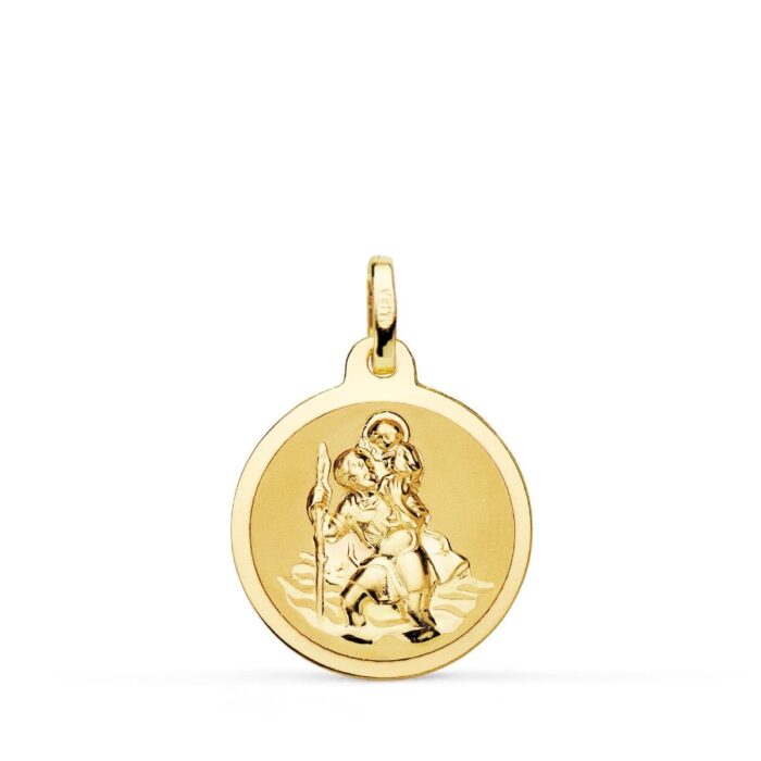 Medalla de San Cristóbal en oro amarillo de 18 quilates, 20 mm, con fondo mate satinado y figura central en brillo pulido.