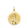 Medalla grande de San Cristóbal en oro amarillo de 18 quilates, 22 mm de diámetro, con acabado mate en el fondo y figura en brillo pulido.