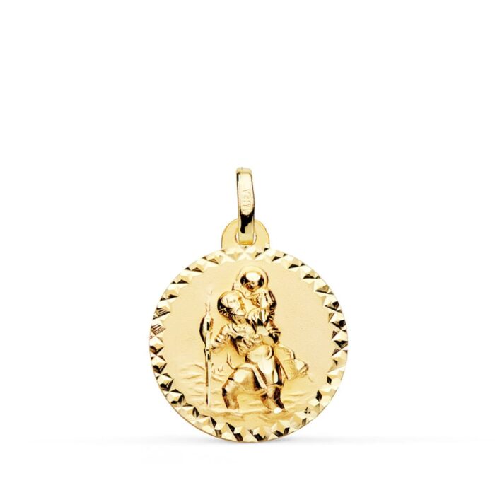 Medalla de San Cristóbal en oro amarillo de 18 quilates, 18 mm de diámetro, con borde tallado brillante y relieve central.