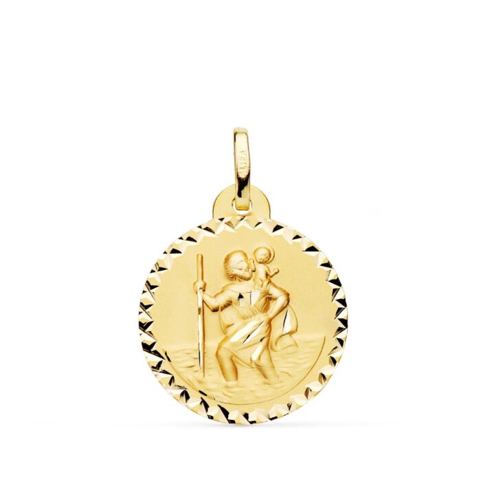Medalla de San Cristóbal en oro amarillo de 18 quilates, 20 mm, con borde de talla cruzada brillante y relieve central detallado.