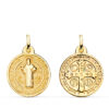 Medalla grande de San Benito Monje en oro amarillo de 18 quilates, 24 mm, con fondo matizado satinado y bordes brillantes.