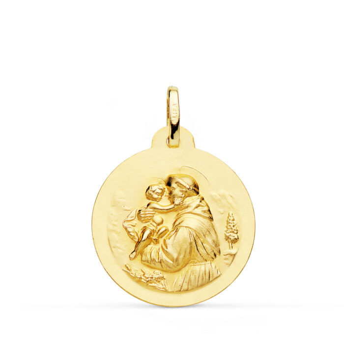 Medalla grande de San Antonio de Padua en oro amarillo de 18 quilates, 24 mm, con fondo matizado satinado y relieve central pulido.