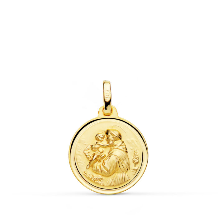 Medalla pequeña de San Antonio de Padua en oro amarillo de 18 quilates, 16 mm de diámetro, con bisel liso brillante y relieve central.