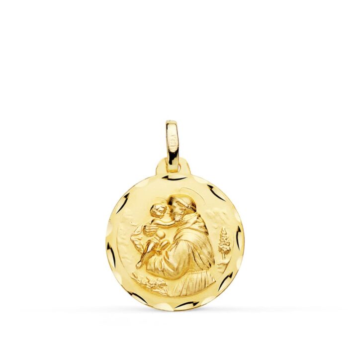 Medalla de San Antonio de Padua en oro amarillo de 18 quilates, tamaño 18 mm, con relieve del santo y el niño sobre fondo pulido.