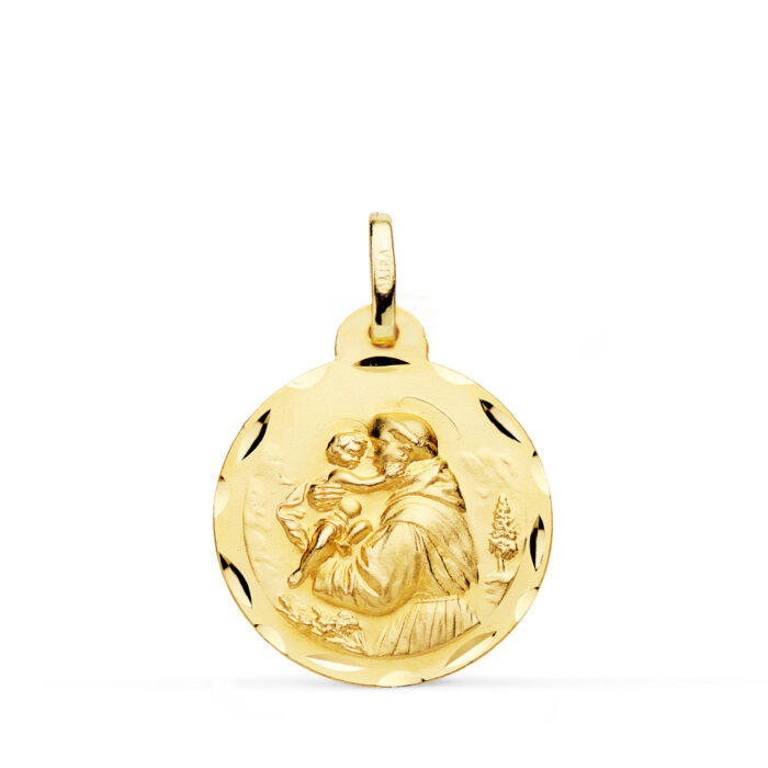 Medalla de San Antonio de Padua en oro amarillo de 18 quilates, 20 mm de diámetro, con borde tallado brillante y centro en relieve.