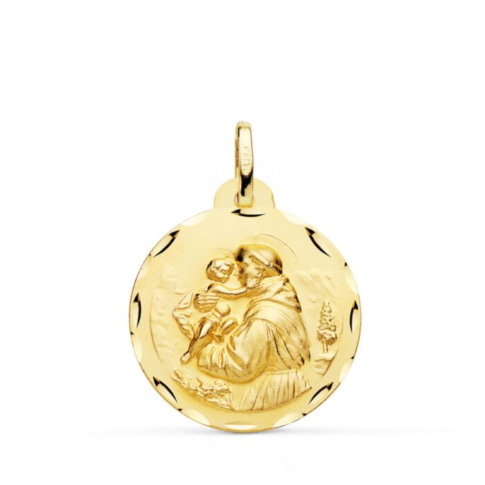 Medalla grande de San Antonio de Padua en oro amarillo de 18 quilates, 24 mm, con borde tallado facetado y relieve central del Santo.