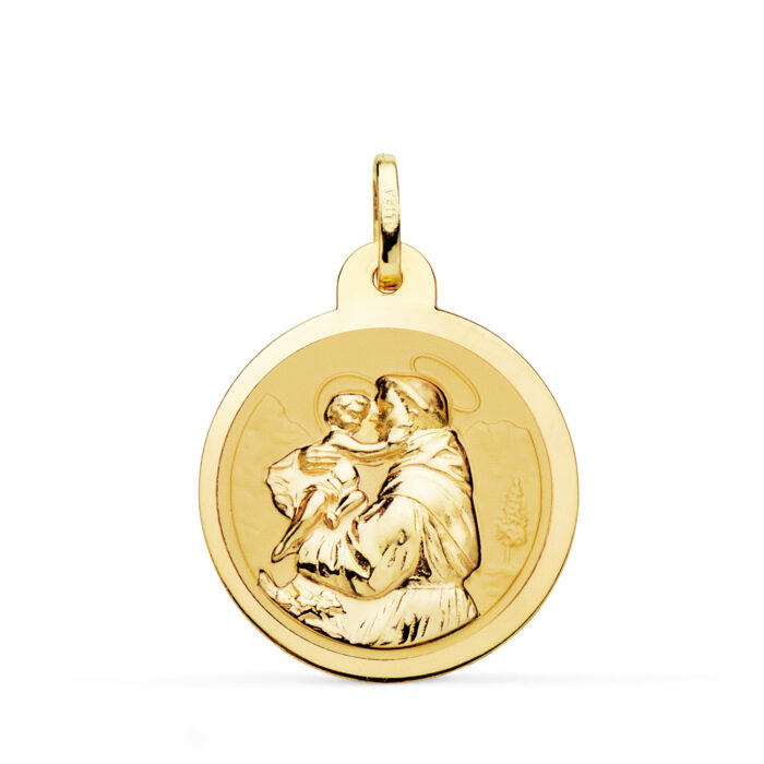 Medalla grande de San Antonio de Padua en oro amarillo de 18 quilates, 24 mm, acabado pulido brillante con relieve detallado.