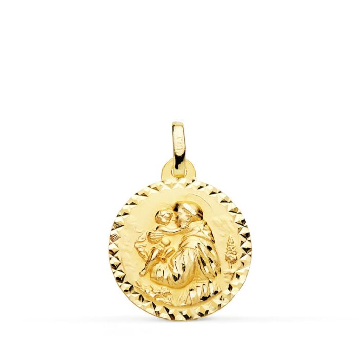 Medalla de San Antonio de Padua en oro amarillo de 18 quilates, 18 mm, con borde de talla cruzada brillante y relieve central.