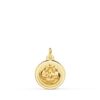 Pequeña medalla de bautismo de 12 mm en oro amarillo de 18 quilates con borde liso brillante y relieve religioso.