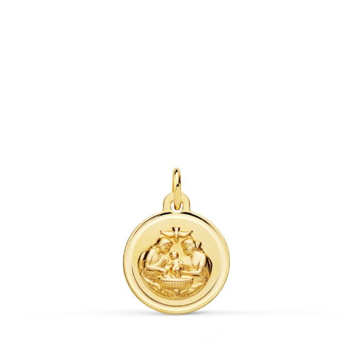 Pequeña medalla de bautismo de 12 mm en oro amarillo de 18 quilates con borde liso brillante y relieve religioso.