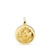 Medalla de bautismo en oro amarillo de 18 quilates, 18 mm, con relieve de escena religiosa y bisel exterior liso brillante.
