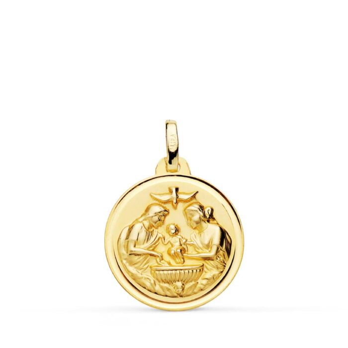 Medalla de bautismo en oro amarillo de 18 quilates, 18 mm, con relieve de escena religiosa y bisel exterior liso brillante.