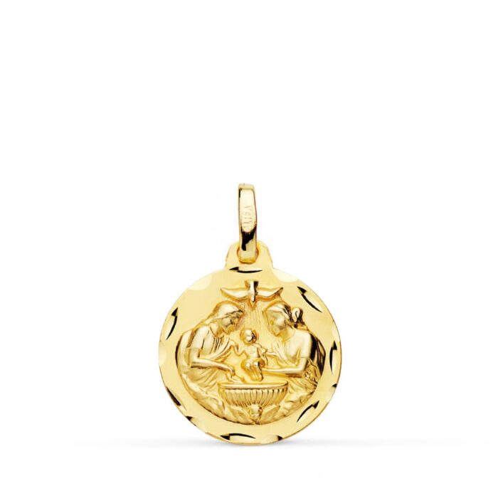 Medalla Escena de Bautismo en Oro Amarillo 18K - 16 mm con Borde Tallado