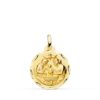 Medalla religiosa de bautismo en oro amarillo de 18 quilates, 18 mm, con borde tallado brillante y relieve central.