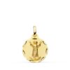 Medalla de oro amarillo 18k del Divino Niño Jesús de 16 mm con borde tallado brillante y relieve central detallado sobre fondo blanco.