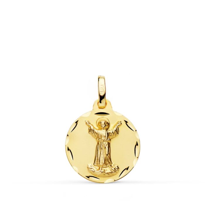 Medalla de oro amarillo 18k del Divino Niño Jesús de 16 mm con borde tallado brillante y relieve central detallado sobre fondo blanco.