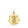 Medalla religiosa del Divino Niño Jesús en oro amarillo de 18 kilates, 18 mm de diámetro, con borde tallado brillante y relieve central.