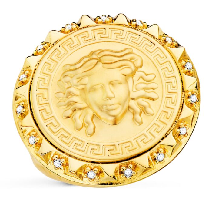Sello de caballero en oro amarillo 18k con el símbolo de Medusa en relieve, cerco de circonitas y acabado de 20 mm de diámetro.