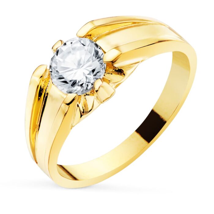 Anillo solitario de oro amarillo 18k para caballero con circonita central de 6 mm y acabado interior forrado de lujo.