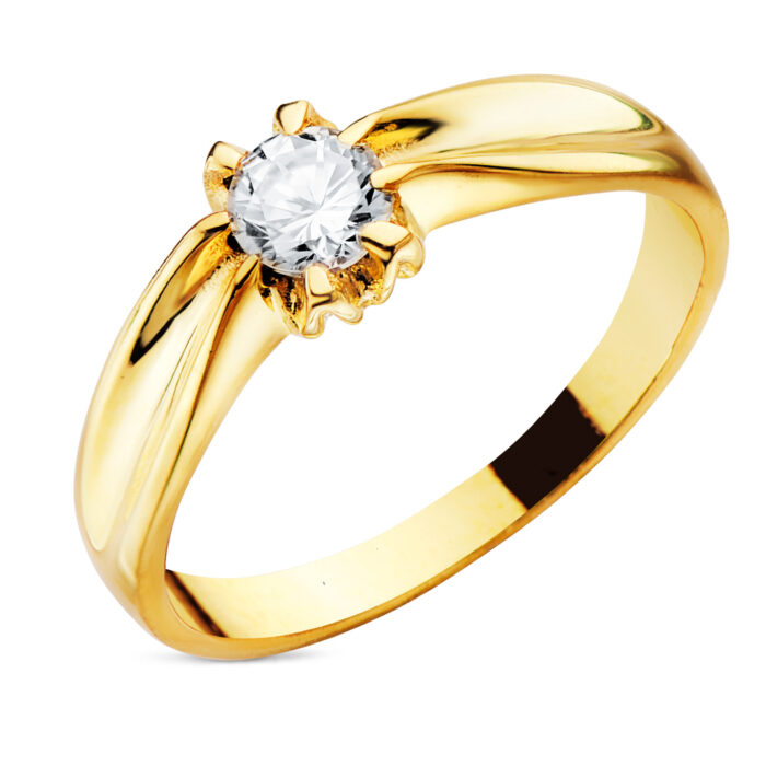 Anillo solitario macizo de oro amarillo 18k para hombre con circonita de 5 mm engastada en garras e interior forrado.