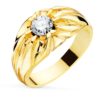 Anillo solitario ancho de 11 mm para hombre en oro amarillo de 18 quilates con circonita central de 6 mm e interior forrado.