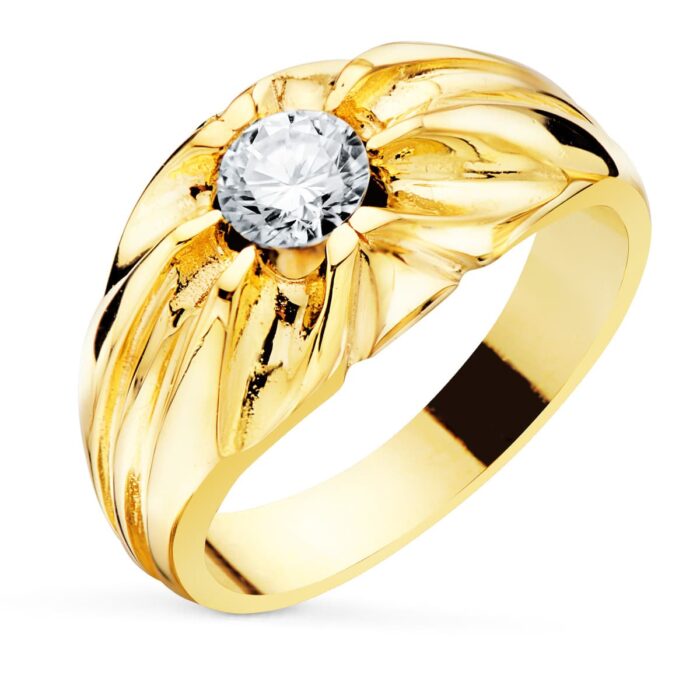 Anillo solitario ancho de 11 mm para hombre en oro amarillo de 18 quilates con circonita central de 6 mm e interior forrado.