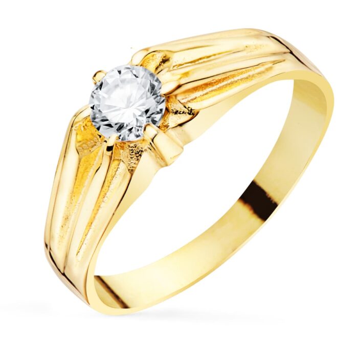 Anillo solitario de oro amarillo de 18 quilates para hombre con circonita central de 5 mm y acabado pulido.