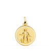 Medalla circular de la Virgen de la Asunción en oro amarillo de 18 quilates, 18 mm de diámetro, con borde de bisel liso y acabado pulido brillante sobre fondo blanco.