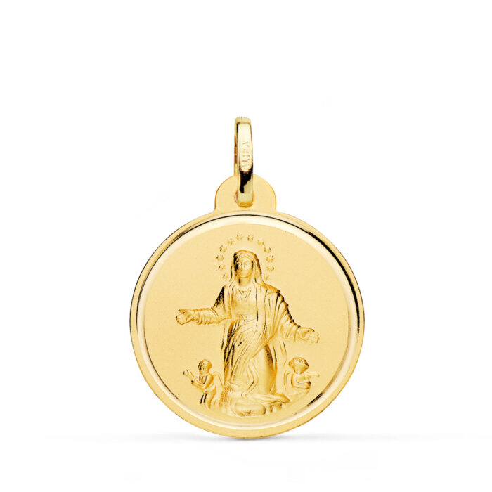 Medalla circular de la Virgen de la Asunción en oro amarillo de 18 quilates, diámetro de 22 mm, con bisel exterior liso y acabado pulido brillante sobre fondo blanco.