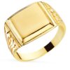 Anillo tipo sello para caballero en oro amarillo de 18 quilates, con frontal rectangular liso de 11x10 mm y laterales con grabados tallados sobre fondo blanco.